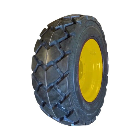 Four Pack Heavy Duty Skid Steer Tires Mounted On 8 Lug Wheels 10x16.5 12 Ply L5 Tread with yellow rim, ideal for loaders.