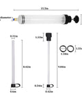No Fuss Heavy Duty 500cc Car Fluid Extractor Pump With Flexible Hose, dimensions and parts overview, including suction hose and reservoir.