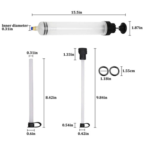 No Fuss Heavy Duty 500cc Car Fluid Extractor Pump With Flexible Hose, dimensions and parts overview, including suction hose and reservoir.