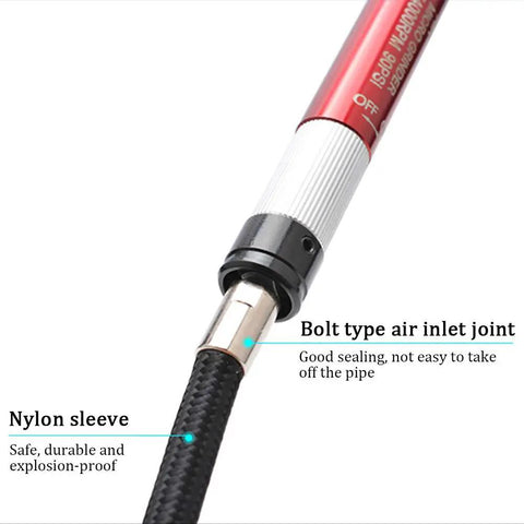 Heavy Duty Pneumatic Pencil Grinder Sixty Five Thousand Rpm Air Powered Micro Die Tool hose with bolt type air inlet joint and nylon sleeve.