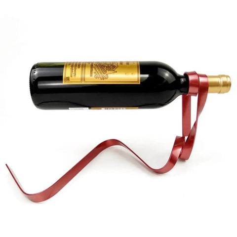 Wine Bottle Holder Rack For Cabinet And Table Decor, metal swirl design holding red wine bottle horizontally, modern rustic style.