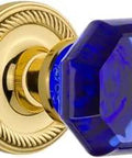 Rope Rosette Mortise Door Knob Set With Waldorf Cobalt Knob And Brass Rosettes, Solid Forged Brass Construction, close-up view