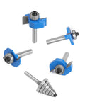 Four Piece Rabbet Router Bit Set Featuring One Quarter Inch Shanks And Six Swappable Guide Bearings Constructed From Heavy Duty Carbide Steel.