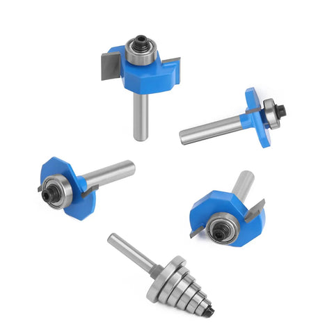 Four Piece Rabbet Router Bit Set Featuring One Quarter Inch Shanks And Six Swappable Guide Bearings Constructed From Heavy Duty Carbide Steel.