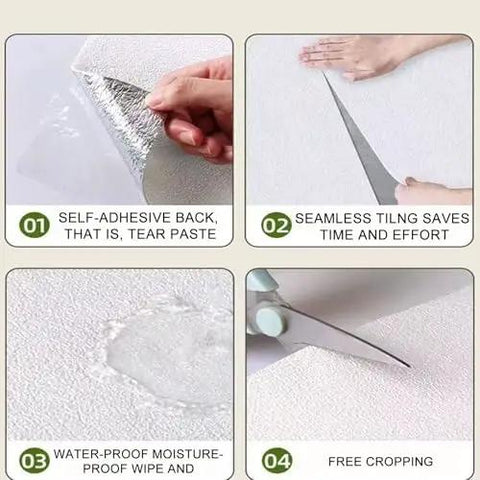 Extra Thick 5Mm Self Stick Wallpaper To Warm Chilly Walls Peel Away 3D Texture Thermal Insulation Roll No Fuss Install For Renters Waterproof Ceiling Room Cover In Blue showcasing application steps.