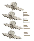 3D Rose Cabinet Knobs With Backplates, 4 Pack, Vintage Shabby Chic Zinc Alloy Drawer Handles, Ivory White With Silver Edge