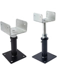 Heavy Duty Two Pack U Shaped Floor Jack With No Sweat Height Tweaks And Rock Solid Steel Beam Support For 4x2 4x4 4x6 Floor Joists Plus Heavy Duty Screw Top Post House Leveling Rig view of metal jacks with adjustable steel and black bases.