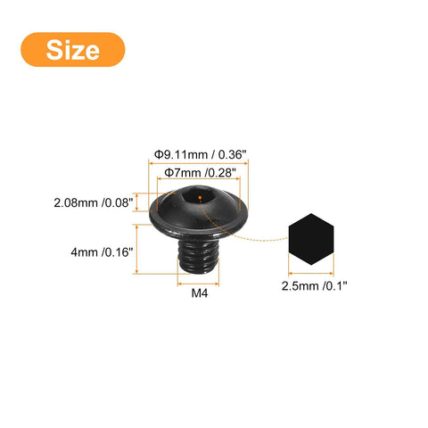 Heavy Duty M4 X 4Mm Flanged Button Head Socket Cap Screws 50 Pack size diagram showing dimensions and black finish.