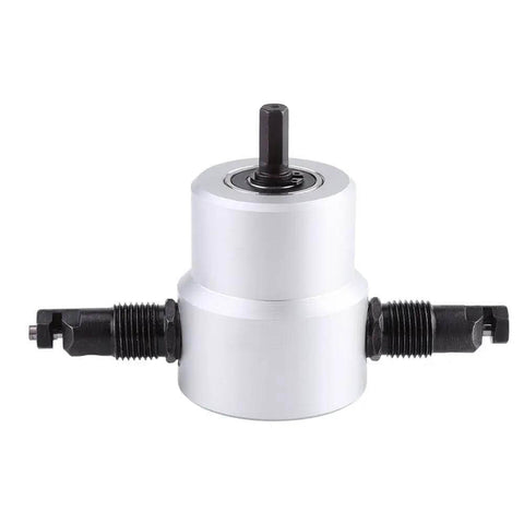 Double Head Sheet Metal Cutter For Electric Drill Attachment Nibbler Tool Kit with dual cutter heads on white background