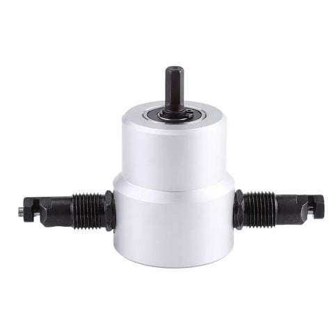 Jiawu Double Head Power Drill Nibbler Sheet Metal Cutter Adjustable 360 Degrees for Steel Copper Aluminum And Stainless Steel Thick Sheets DIY Projects, close-up view of dual blade system.