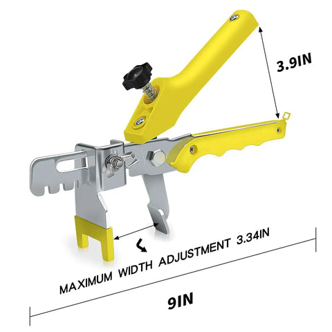 Yellow plier from Tile Leveling System With Plier And 300 Clip Spacers And 100 Reusable Wedges For Stone And Tile Installations, dimensions labeled