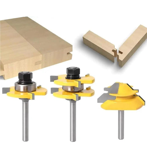 1/4 Inch 6mm Shank Tongue And Groove Router Bit Set With Durable Tungsten Steel Construction And 45 Lock Miter Bit, showcasing router bits and wood joints.