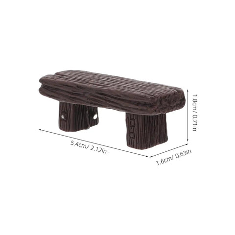 Single bench from 4 Pack Miniature Resin Park Benches for Fairy Gardens and Dollhouses, Wood Look Seats, dimensions shown