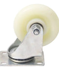 Smooth Operator White Nylon Casters Two Pack Quiet Rolling Furniture Wheels With Secure Brakes Heavy Duty Cart Replacement Quick Swap For Sofas And Pianos Badass Glide, close-up of white nylon wheel and metal bracket.