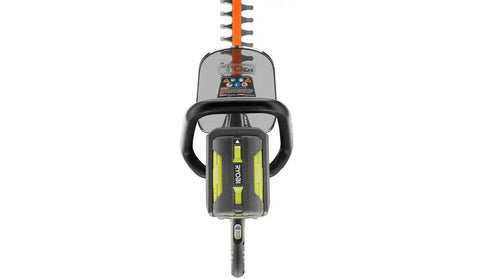 Top view of 24-Inch 40-Volt Lithium-Ion Cordless Hedge Trimmer Bare Tool with dual-action blades and wraparound handle