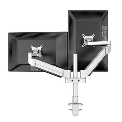 Premium Full Motion Dual Monitor Stand With Smooth Gas Struts And Slick Cable Routing For A Sweet Desk Setup holding two monitors