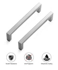 Solid 5 Inch Center-To-Center Slim Square Bar Drawer Handles Cabinet Hardware Satin Nickel Kitchen Pulls, two handles, features highlighted.