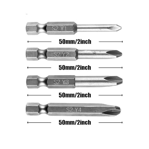 Heavy Duty S2 Magnetized Tri Wing Screwdriver Bits Set Quarter Inch Hex Shaft Y1 Y2 Y3 Y4 fifty mm long steel bits displayed vertically.