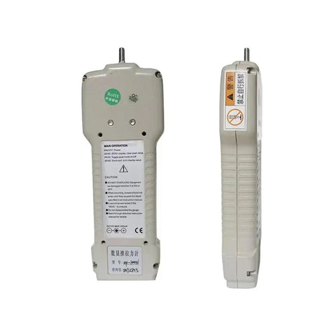 Push Pull Position Force Meter Tension Tester 5N To 100N KGF LBF N Newton For Compression Real Time Tracking With Two Peak Modes Flip LCD Display And Wide Range Metrics, rear and side views