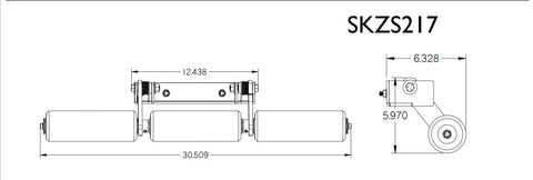 Technical diagram of Pro Grade Lawn Stripe Kit for ISX800, showing dimensions of heavy duty rear mounted grass roller striper.