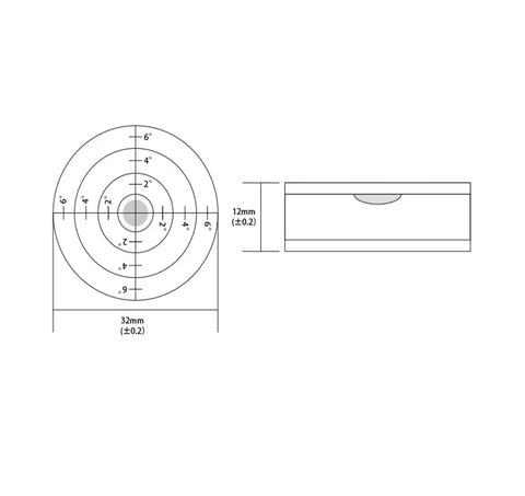 32mm Circular Bullseye Bubble Level, High Precision Round Spirit Vial with clear black scale marking and dimensioned diagram.