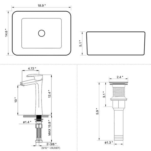 White Vessel Sink With Faucet And Drain Combo For A Dope Modern Bath 19x15 Rectangle Vessel Sink Above Counter Top Mount diagram