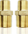 Two brass reducing hex nipples, 1/2 in NPT male to 3/8 in NPT male pipe fittings