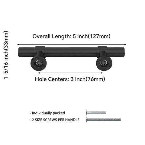 Matte Black Cabinet Pulls 15 Pack, 3 Inch Center to Center, 5 Inch Overall Length, Stainless Steel Handles shown with dimensions