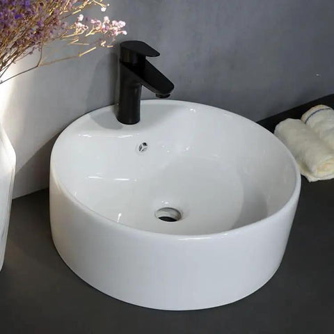 USZWBY Vessel Sinks Bathroom Sink Simple Single Basin Toilet Ceramic Above Counter Home Balcony Wash Bathroom Bowl Sink with black faucet.