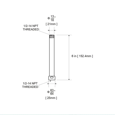 Technical drawing of Heavy Duty Stainless Steel Shower Arm Extension Chrome 6 Inch Pipe Extender with dimensions