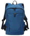 Blue waterproof DSLR camera backpack with rain cover, padded compartments, and multi-function pouches, front view.