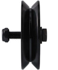 Side view of black Skelang 4-inch V-groove gate wheel with bolt and nut for inverted-V track.