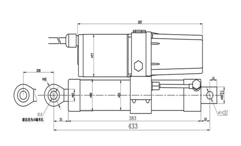 Technical drawing of Super Tough DC Electric Linear Actuator With Badass Heavy Duty Hydraulic Push Rod System, dimensions detailed.