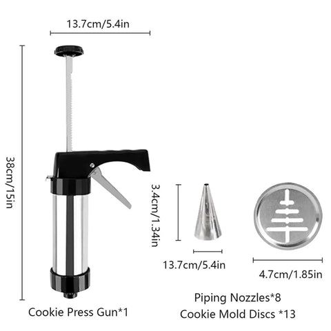 Stainless Steel Cookie Press Kit With 13 Discs And 8 Disc Set For DIY Baking Cookie Gun Press Tool with dimensions and components