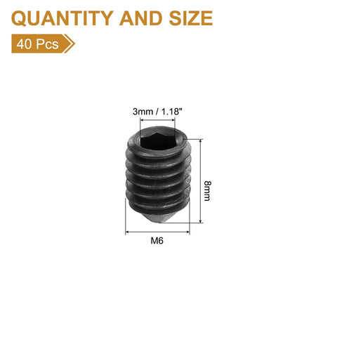 Close-up of a single screw from the Twenty Piece M6x8mm Cone Point Hex Socket Grub Screws Set Black Finish Brass Construction
