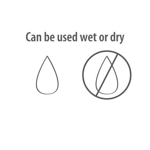 Can be used wet or dry, showing icons of water droplet with and without a prohibition sign.