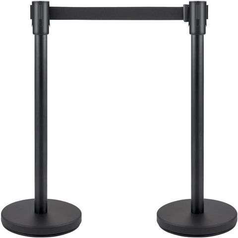 Front view of four piece pro grade crowd control stanchion set with 6.6 ft retractable belt black barrier with concrete and metal base.