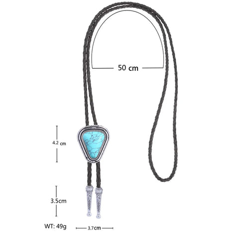 Hand Braided From Premium Genuine Leather This Adjustable Turquoise Bolo Tie measures 50 cm with silver tips and a turquoise centerpiece.