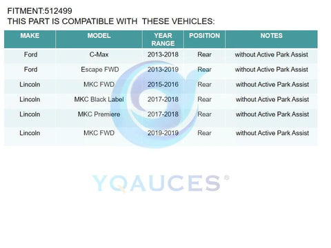Compatibility chart for rear wheel bearing and hub assembly replacement for Ford Escape 2013-2019, C-Max 2013-2018, Lincoln MKC 2015-2019.
