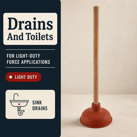 Six Inch Red Rubber Plunger With Sturdy Wood Handle Built For Light Duty Bathroom Drain And Toilet Jobs That Knock Out Stubborn Clogs Without Any Drama on a neutral background.