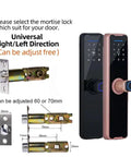 High Tech Fingerprint Electronic Smart Door Lock Keyless Entry Handle with Virtual Password and Remote Control showing adjustable mortise lock components.