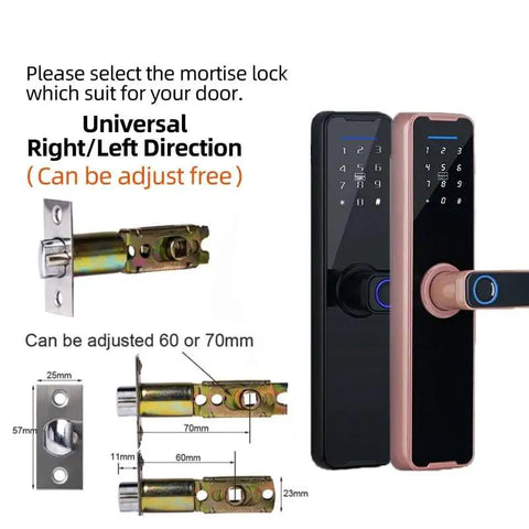 High Tech Fingerprint Electronic Smart Door Lock Keyless Entry Handle with Virtual Password and Remote Control showing adjustable mortise lock components.