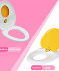 Black Two In One Toilet Seat With Slick Soft Close Lid And Quick Release Hinges For Easy Peasy Cleaning Toddler Potty Training Compatible showing lid configuration for grown-ups and toddlers.