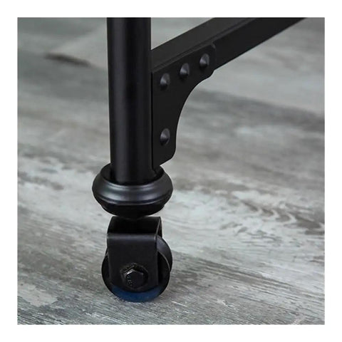 Close-up of a smooth gliding caster on a Mobile Computer Desk On Wheels With Smooth Gliding Casters Vintage Industrial Wood And Metal Frame.