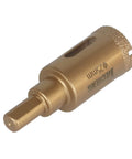 Side view of JIECHENG 25mm brazed-diamond hole saw with center drill, gold-colored metal