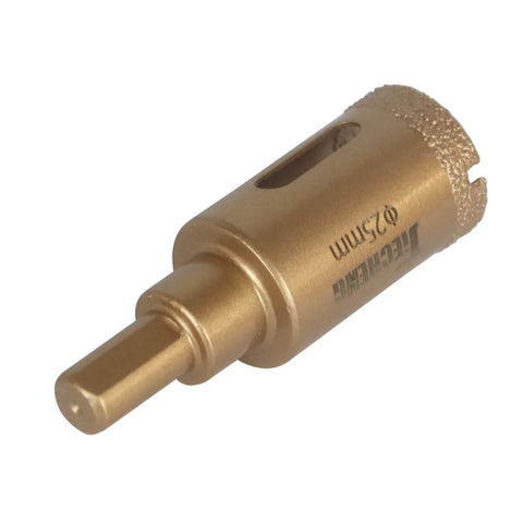 Side view of JIECHENG 25mm brazed-diamond hole saw with center drill, gold-colored metal