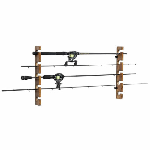 Deluxe Rustic Burnt Solid Wood Fishing Rod Holder, Wall Or Ceiling Mount Rack That Holds Five Rods, Heavy Duty Pole Storage Organizer
