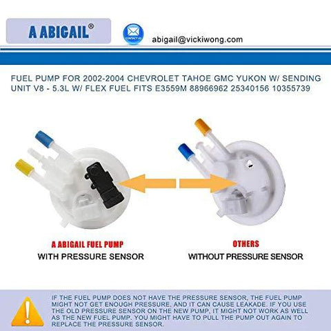 Chevy Tahoe GMC Yukon Fuel Pump Replacement 2002 2003 2004 V8 53L Flex Fuel Only OE Grade Direct Fit Pump Assembly Replaces E3559M High Quality for Reliable Fuel Delivery with pressure sensor and comparison image.