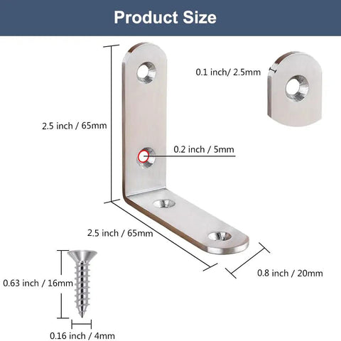 Tough As Nails Six Piece Stainless Steel L Brackets Corner Brace 90 Degree Shelf Support For Wood Projects showing dimensions and countersunk holes.