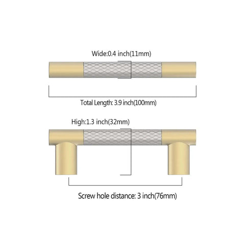 Top Tier Gold And Nickel Knurled Cabinet Handles Heavy Duty Kitchen Pulls No Sweat Install 3 Inch Centers 10 Pack dimension diagram